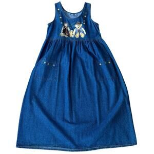 Vintage 90s Bama Denim Tank Dress, Size Small, Made in USA, Teddy Bears, Cottage